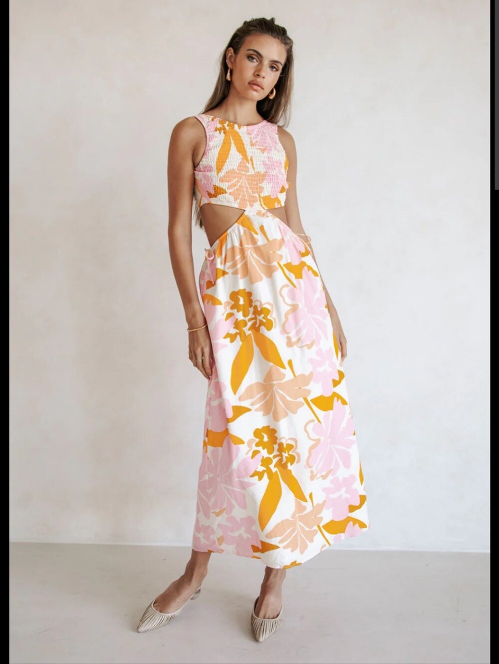 SABO 100% Cotton Sleeveless Pink & Mustard Floral Midi Dress with Cutouts_10